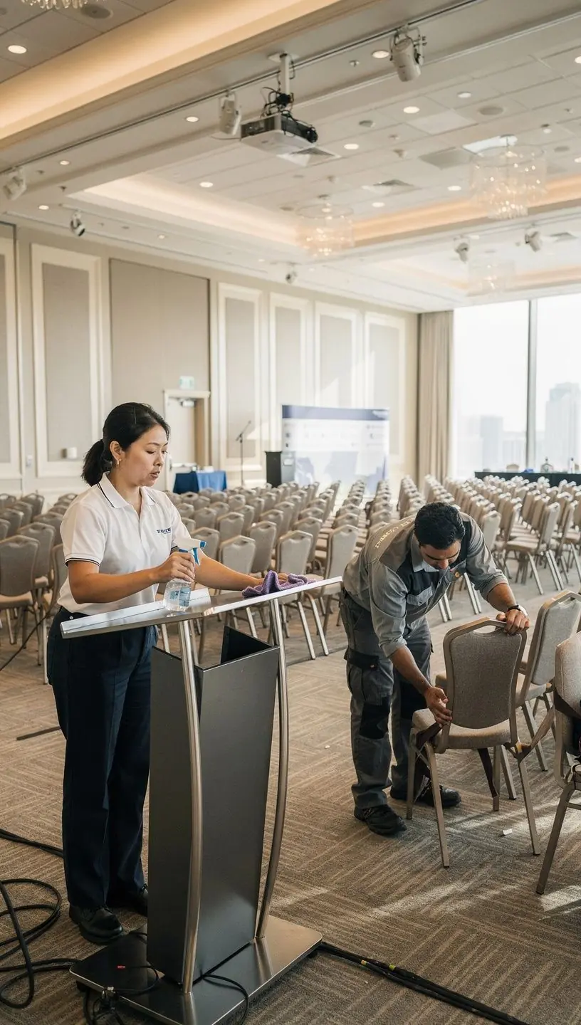 Specialized cleaning products arranged neatly on a service cart ready for use.