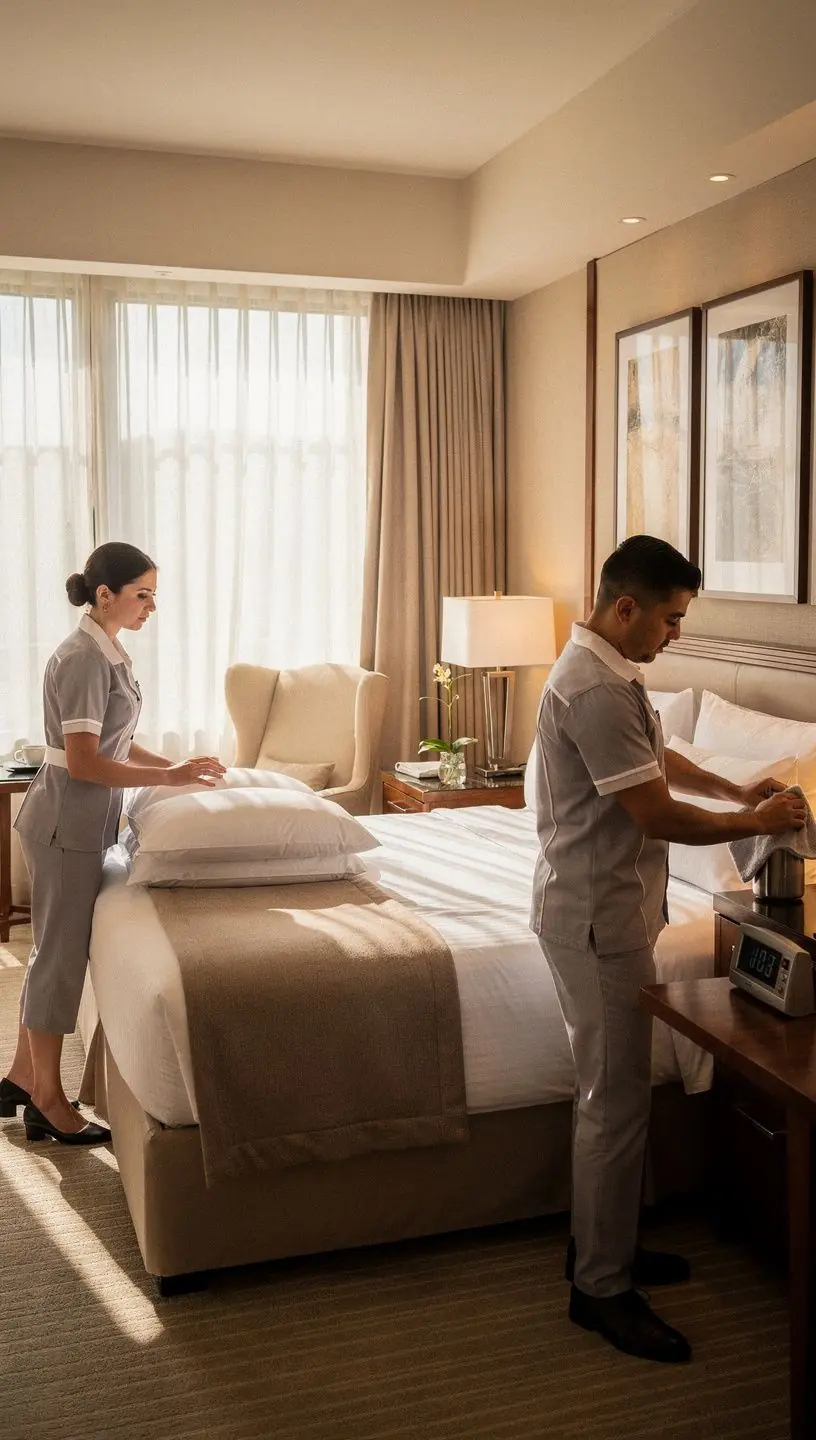 A satisfied customer reviewing the cleaning services on a digital device with a smile.